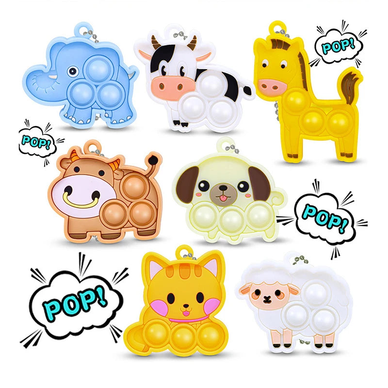 10/40Pcs Cartoon Animal Pop Keychain Hanging Stress Relief Toys Kids Birthday Party Favors Guests Gift Goodie Bag Pinata Filler