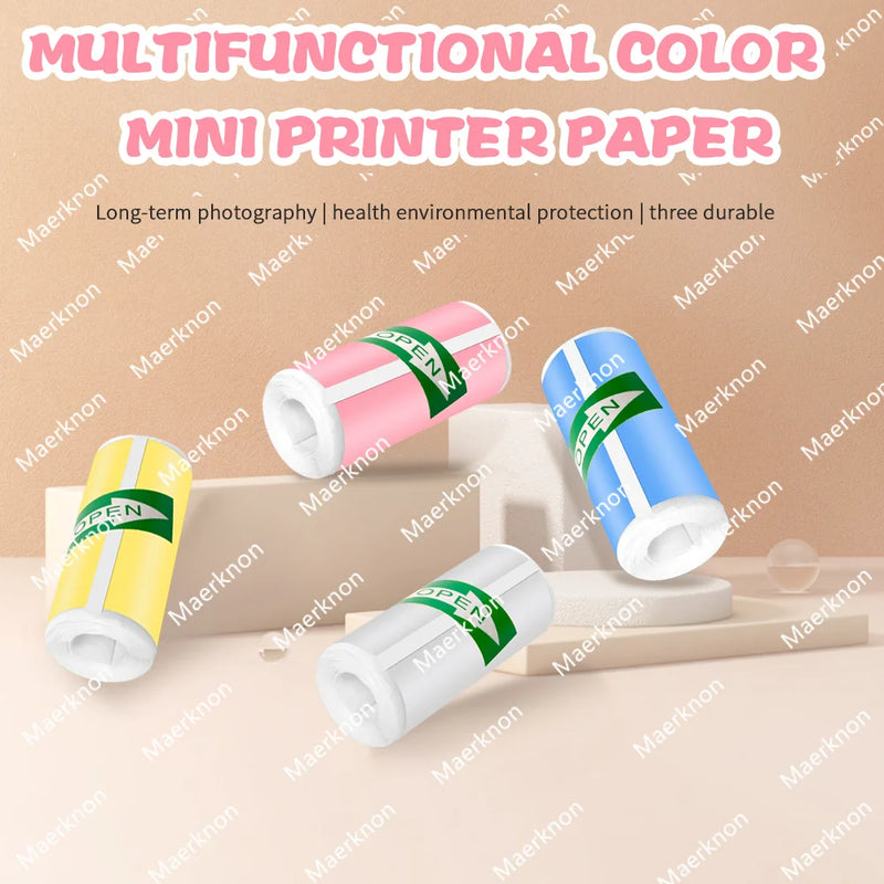 5 Rolls Colorful White Mini Printer Self-Adhesive Paper, 57mm Adhesive Thermal Printing Paper, Office Label Paper Printing Paper