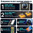 Ulefone Armor 22 Rugged Phone ,16GB (8GB+8GB) RAM ,128GB/256GB ROM , Android 13 Smartphone,NFC 64MP 4G Phone
