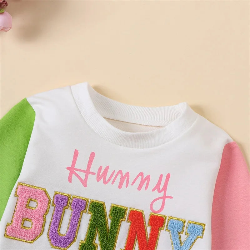 Toddler Girls Boys Sweatshirts Easter Clothes Fuzzy Letter Embroidery Contrast Color Long Sleeve Pullovers Baby Spring Tops