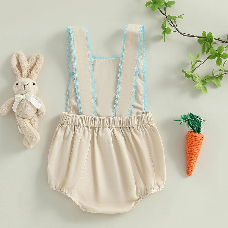 Easter Bunny Embroidered Sleeveless Romper Jumpsuit with Carrot Applique and Square Neckline for Baby Girls