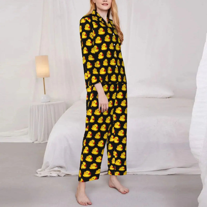 Pajamas Female Yellow Classic Ducks Daily Sleepwear Animal Two Piece Retro Pajama Sets Long Sleeve Elegant Oversize Home Suit