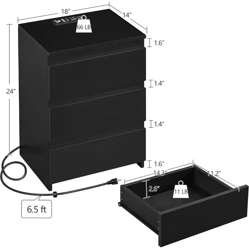 Bedside Table Set of 2, Nightstand with Charging Station, 3-Drawer Bedside Cupboard Storage Cabinet with 2 USB Ports &