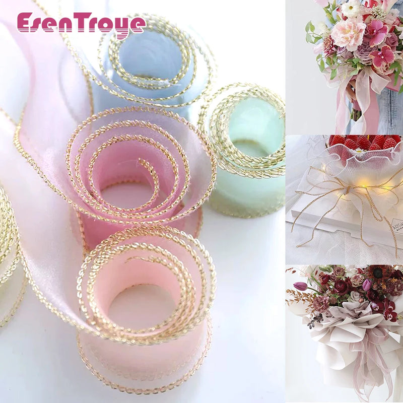 10Yards Sheer Wired Organza Ribbon With Golden Edge Chiffon Ribbon for Wedding Birthday Gift  Bouquet Wrapping DIY Decorations