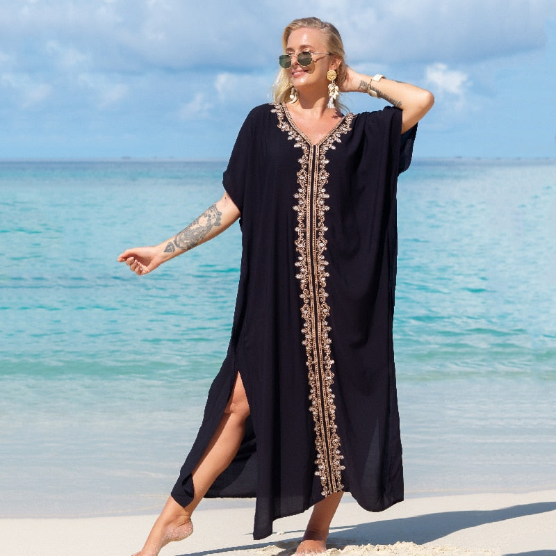 2023 Sexy Cold Shoulder V Neck Bats Sleeve Loose Summer Beach Dress Plus Size Women Beachwear Kaftan Black Dresses Q943