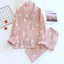 Spring New Ladies Pajamas Set Heart Printed Crepe Cotton Double-layer Gauze Turn-down Collar Long-sleeve Trousers Household Wear