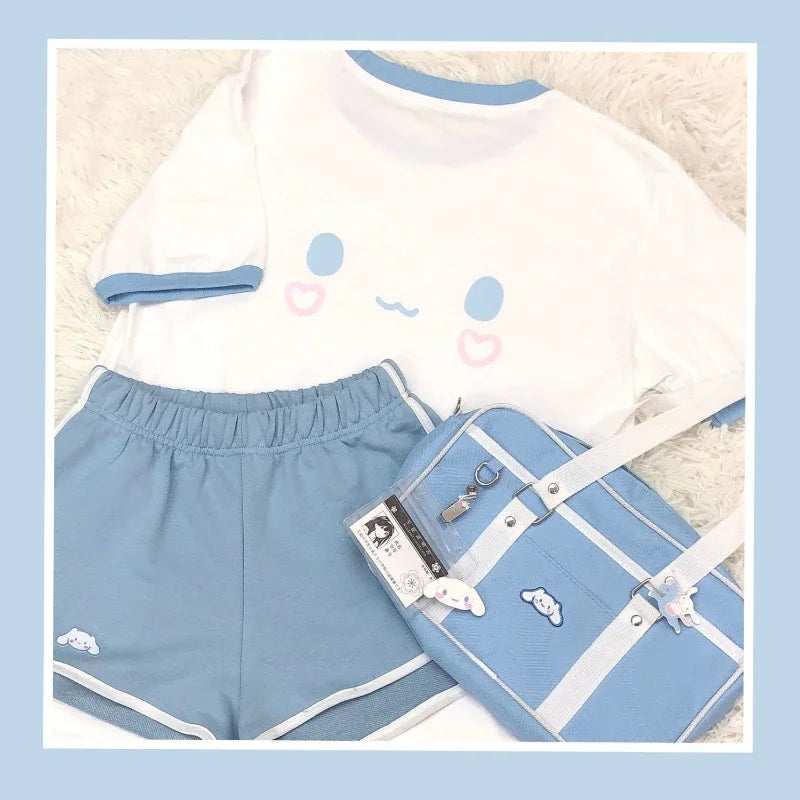 Sanrio Cartoon Cinnamoroll Gym Suit Summer Clothes Sportswear Suit Student Short-sleeved Summer Loose Girl Two-piece Suit