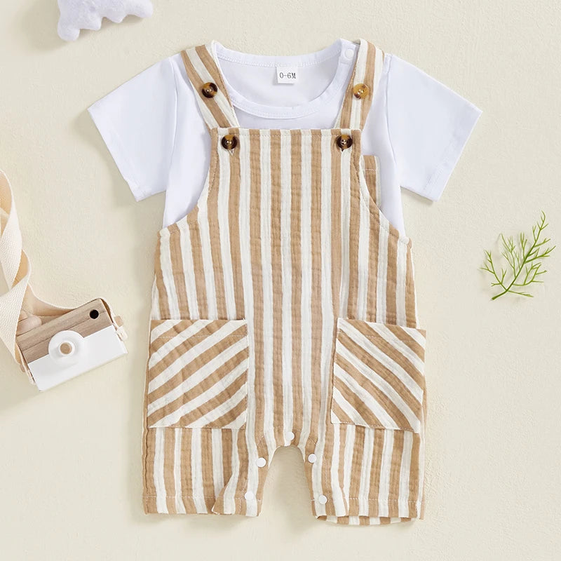 Toddler Boy s Summer Set Short Sleeve Crew Neck Tee with Striped Overall Shorts Cute Baby Boy Outfit for Warm Weather