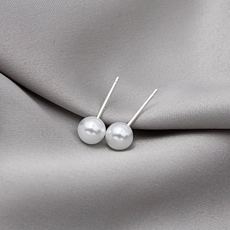 JWER S925 Silver Needle Simple Exquisite White Pearl Stud Earrings For Women Girls Minimalist Ear Jewelry Gifts Size 3/6/8/10mm