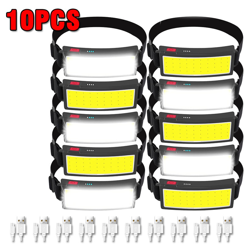 1-16PCS Headlamp Portable Mini COB LED Headlight with Built-in Battery Flashlight USB Rechargeable Head Lamp Hiking Torch