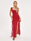 Sexy Elegant Long Dress Women Frill Trim Spaghetti Strap Square Neck Split Dress Ladies Summer Evening Party Vintage Dresses