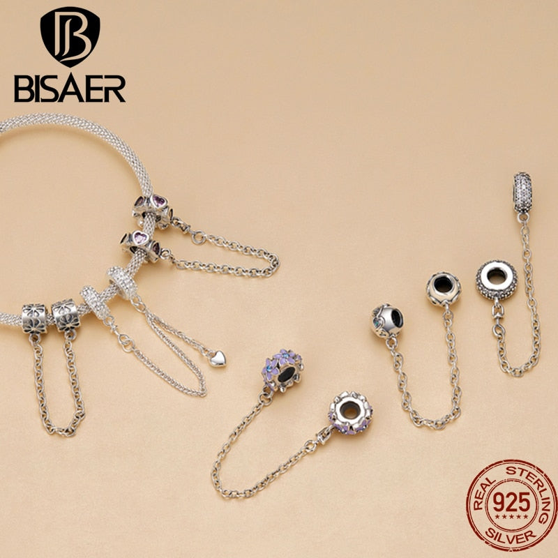 BISAER 925 Sterling Silver Safety Chain Collection Heart Star Charms  Silicone Bead Fit Women Bracelet Fine Jewelry Accessories