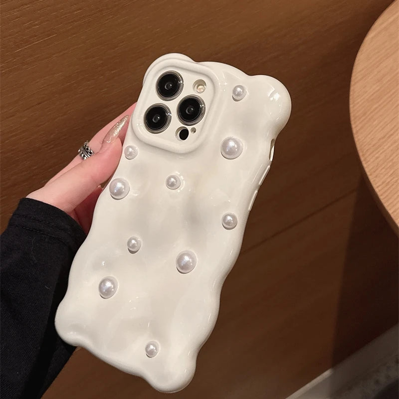 Luxury 3D Pearl Wavy Phone Case for iPhone 15 14 Pro Max 15Pro Shockproof Soft Silicone Ins Cover for iPhone 11 12 13 Pro Max