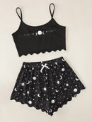 Summer Sleepwear for Women Pajamas Set Star Moon Printed Sleeveless Sling Crop Tops and Shorts Set Homewear Loungewear Pijama