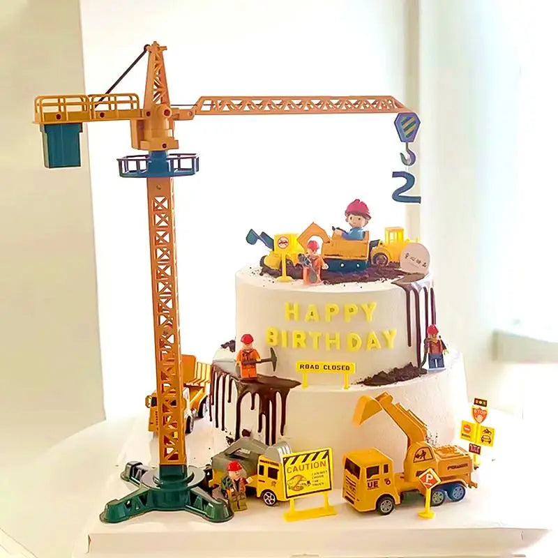 Excavator Crane Tractor Birthday Cake Topper Construction Party Cake Decor Kids Boy 1st Baby Shower One Year Happy Birthday Cake
