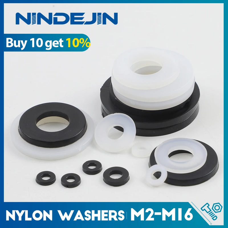 NINDEJIN Black White Nylon Washers M2 M2.5 M3 M4 M5 M6 M8 M10 M12 M16 Plastic Plain Washers Flat Washer Gaskets