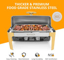 Rovsun 3 Packs Roll Top Chafing Dish Buffet Set Gold Accent,Nsf 9 Quart Rectangular Stainless Steel Chafer, Buffet Servers And