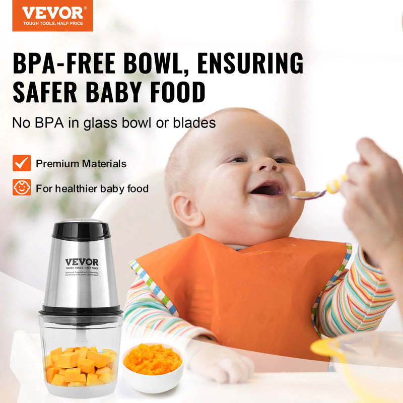 VEVOR Electric Meat Grinder with 4-Wing Stainless Steel Blades2.5 Cup Glass Bowl2 Speeds Food Grinder for Baby Food