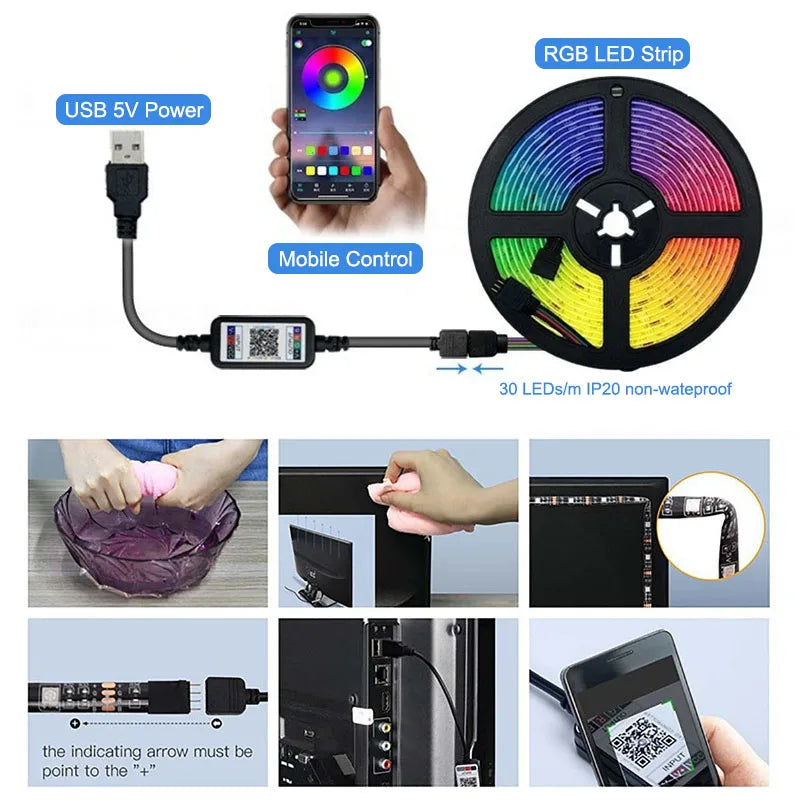 Bluetooth USB 5V RGB LED Strip Light 5050 Controller 1M 2M 3M 4M 5M Flexible Diode Lamp Tape Lights TV Background Lighting