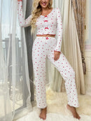 Autumn Winter Sleepwear Women Pajama Set Lace V-neck Bow Heart Print Long Sleeves Pullover &Trousers Loungewear Outfit