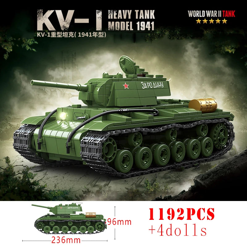 Military World War Russian T-34 KV-1 Heavy Tank Building Blocks WW2 American M4A3 Sherman Stuart Tank Technical Bricks Kids Toys