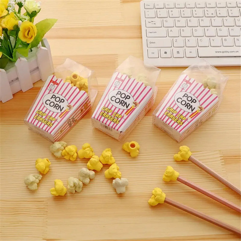 12pcs/box Cute Popcorn Shape Erasers Cute Stationery Pencil Rubbers Eraser Wipe Clean Without Leaving Marks Korean Stationery