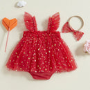 Adorable Baby Girl  Ruffle Sleeve Heart Print Tutu Dress with Matching Headband Set for Summer Outfits