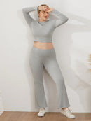 Women s Pants Outfits Solid Color Long Sleeve Boat Neck Crop Tops with Fold Over Trousers Set Streetwear