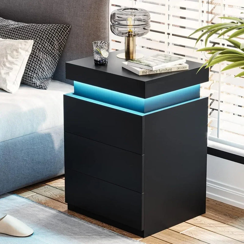 Nightstand with Charging Station and LED Lights, Nightstand with Sliding Top, Bedside Tables with Drawers, Modern End Side Table