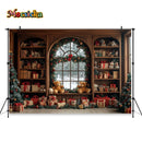 Christmas Toy Bear Gift Room Background Photography Kids Baby Show Wooden Bookshelf Window Backdrop Winter Xmas Tree Gift Booth