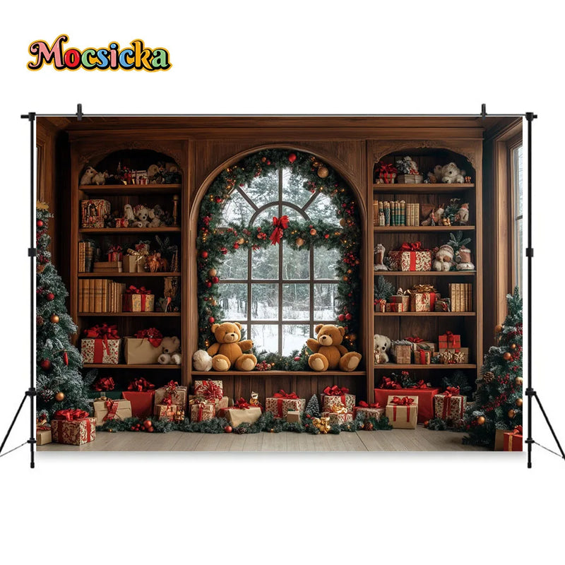 Christmas Toy Bear Gift Room Background Photography Kids Baby Show Wooden Bookshelf Window Backdrop Winter Xmas Tree Gift Booth