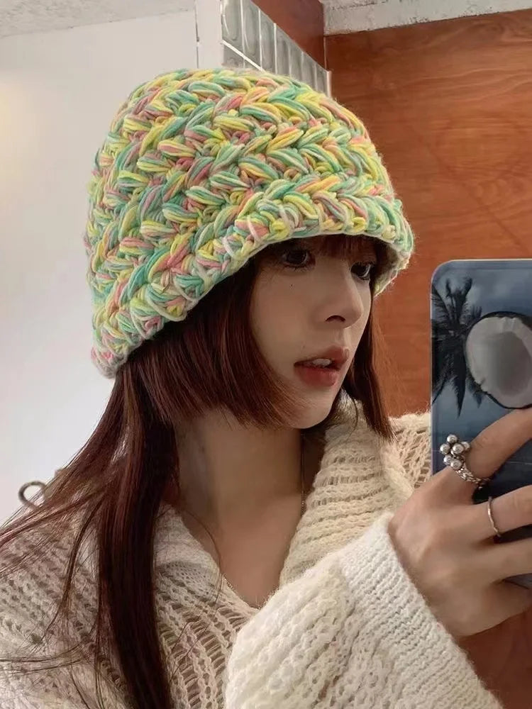 2024 New Korean-Japanese Hand Buckle Crochet Bucket Hat Spring and Autumn Winter Sun Hat Female Cherry Designer Bob Basin Hat