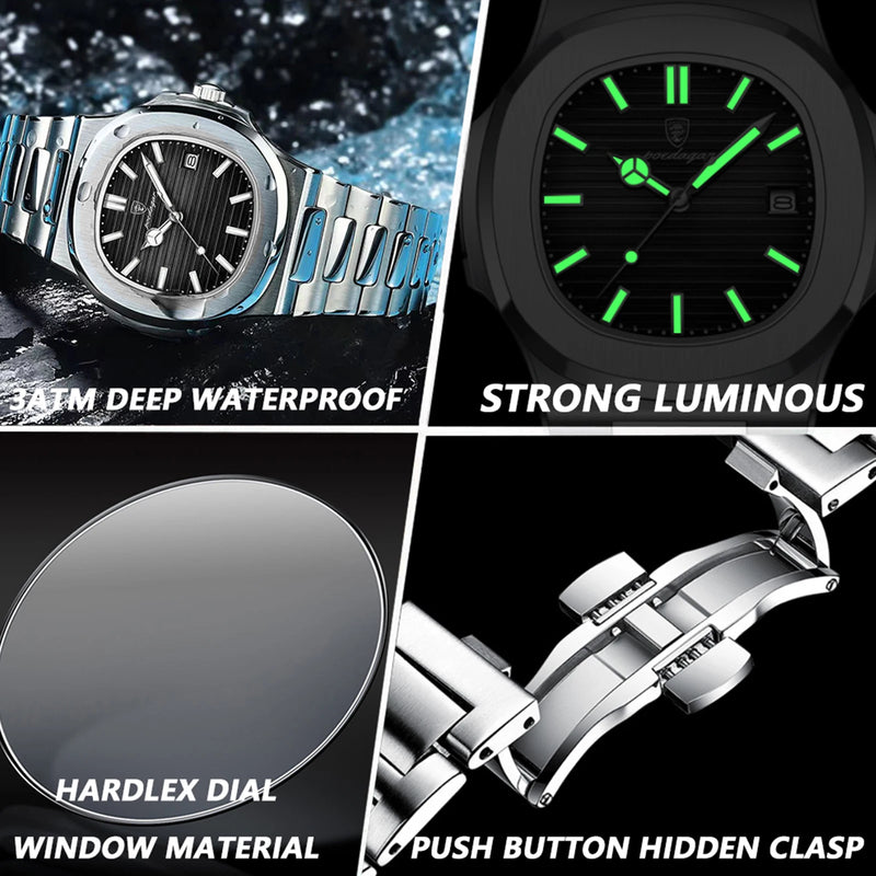 POEDAGAR Top Luxury Brand Man Watch Sports Waterproof Luminous Date Men Wristwatch Square Dial Quartz Men's Watches High Quality