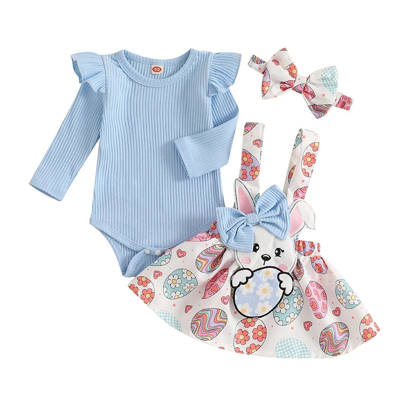 Adorable Baby Girl Easter Outfits with Bunny Embroidery Long Sleeve Romper Suspender Skirt and Headband - 3 Piece Set for