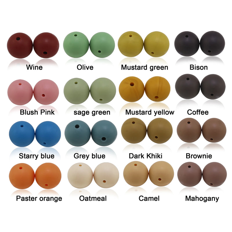 New 20pcs/Lot Silicone Beads 15mm Khaiki Wine Sage Green Coffee Blush Mustard Bison Design For Necklaces Pacifier Jewelry Making