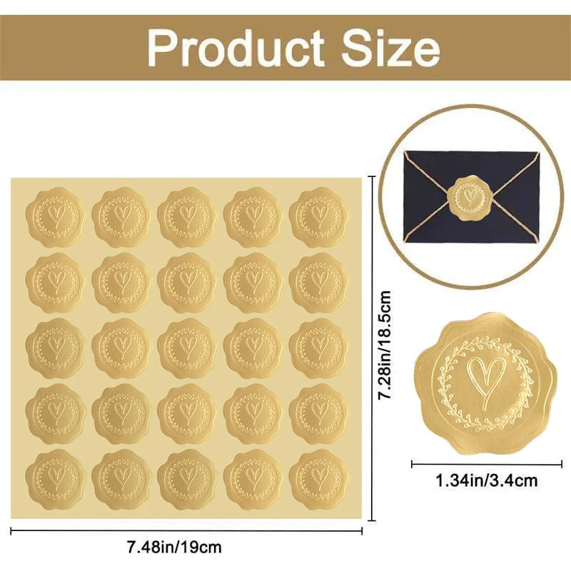 100-200pcs Gold Embossed Heart Stickers Envelope Seal Wax Looking Labels Wedding Party Invitation Card Christmas Gift Decoration