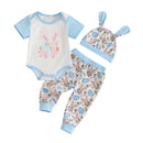 0-18M Baby Boy 3PCS Easter Outfits Short Sleeve Letter Romper with Bunny Egg Pattern Pants and Hat Newborn Sets