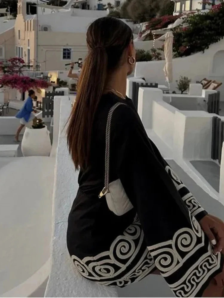 TRAFZA Women's Embroidery Patchwork Dress Long Sleeve Round Neck Tie Dress Casual Loose Commuter Holiday Travel Short Dresses