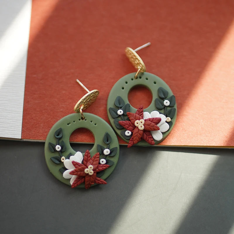 Handmade Crafts Molded Floral Christmas Holiday Multi Colors Shapes Wreath Polymer Clay Pattern Dangle Earrings Sets Jewelry