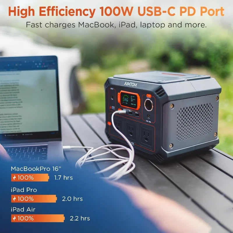Portable Power Station , 3x 440W (800W Surge) AC Outlets, 4-Mode LED, USB, DC, Type-C, 296Wh Lithium Battery Solar Generator