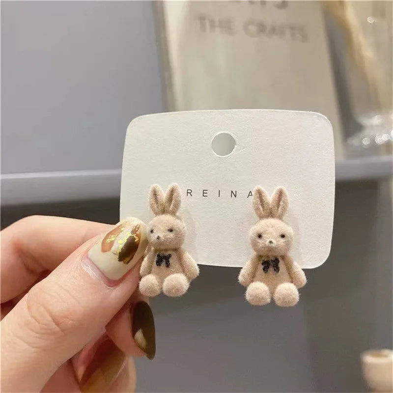 Bear Earrings for Women Girls 2023 Fashion Korea Silver Needle Autumn and Winter Earrings Cute Flocking Rabbit Ear Studs Jewelry