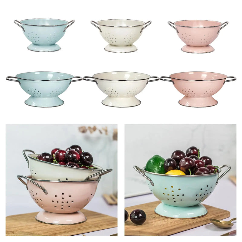 French Retro Fruit Basket Drainage Berry Colander Food Storage Baskets Serving Bowl with Handle for Countertop Veggies Fruits