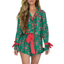 Christmas Pajamas for Women Bow Santa Claus Print Long Sleeve Shirts Ruffle Shorts Lounge Set Xmas 2 Piece Sleepwear
