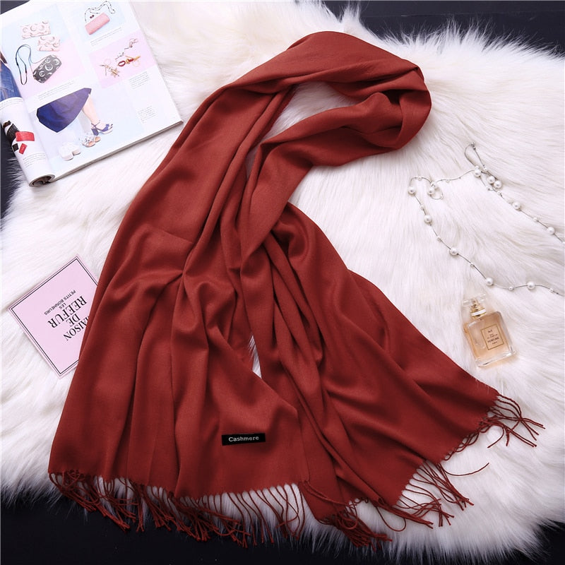 Luxury Solid Women Scarf Winter Cashmere Pashmina Shawls Warm Lady Blanket Wraps Bufanda Scarves Tassel Neck Echarpe 2022