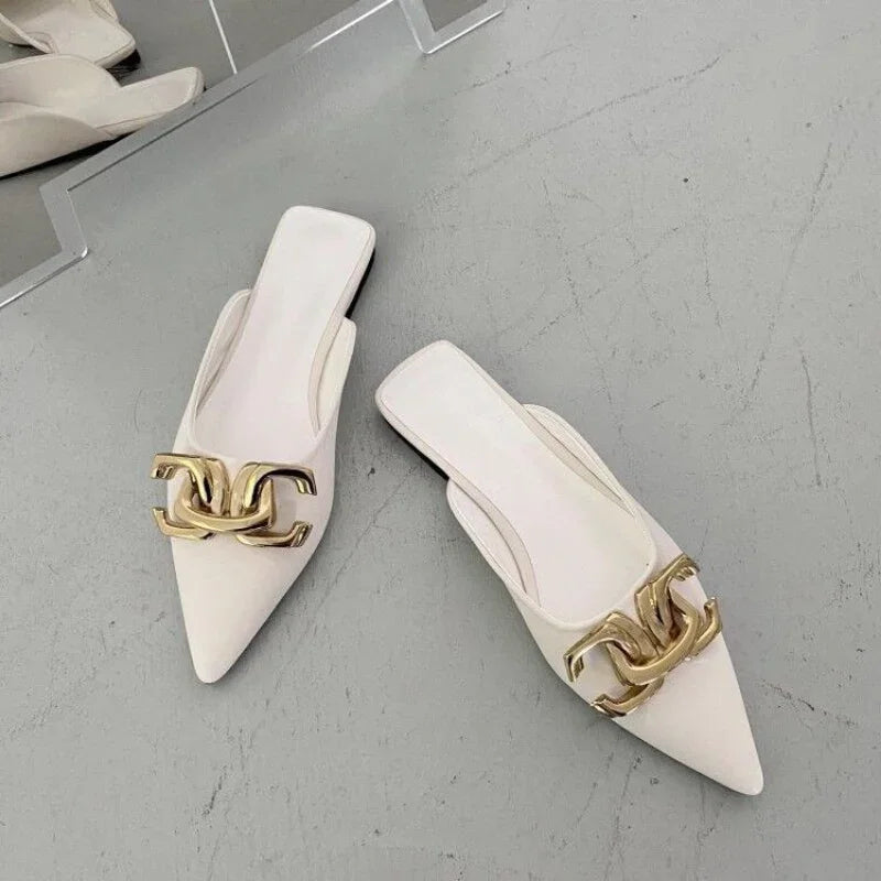 Women's Casual Mules Shoes 2024 Summer Fashion Metal Chain Flats Pointed Toe Slippers Ladies Outside Slides Plus Size 42 Sandals