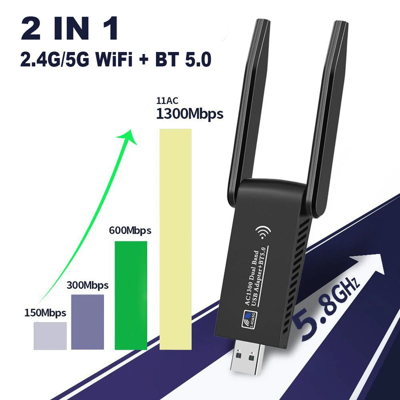 1300Mbps USB 3.0 WiFi Bluetooth 5.0 Adapter 2in1 Dongle Dual Band 2.4G&5GHz WiFi 5 Network Wireless Wlan Receiver DRIVER FREE