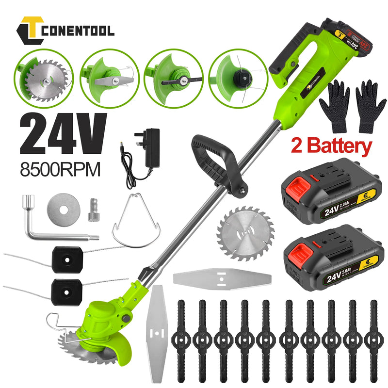 CONENTOOLMetal Blade Cordless Strimmer Set Electric Lawns Garden + Blades Detachable Grass Trimmers 21V Rechargeable 2 Batteries