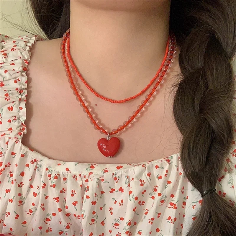 Kpop Fashion Heart Fruit Tomato Bowknot Pendant Colorful Beaded Necklace Woman Aesthetic Jewelry Cute Summer Y2K EMO Accessories