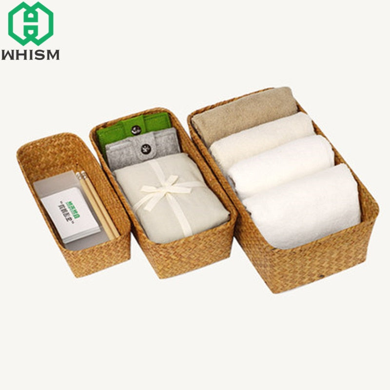 WHISM Handmade Wicker Storage Basket Rattan Fruit Tea Storage Box Holder Seagrass Picnic Basket Wickerwork Cosmetics Organizer