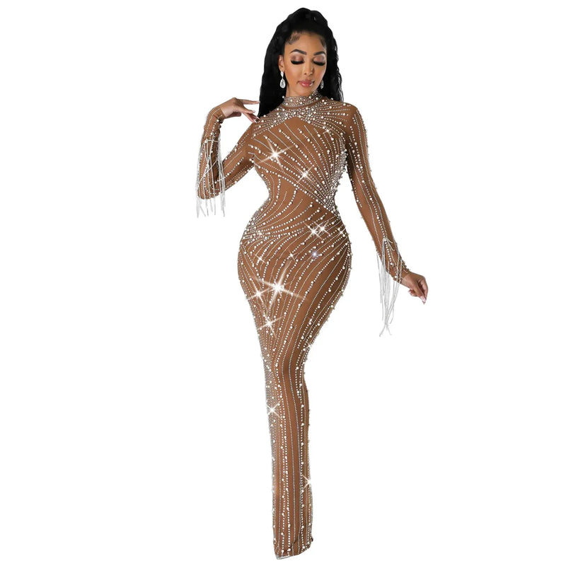 CM.YAYA Women Mesh Tassel Long Sleeve Diamonds Hot Rhinestones Bodycon Midi Maxi Long Dress and Tank Inner Dresses 2piece Suit